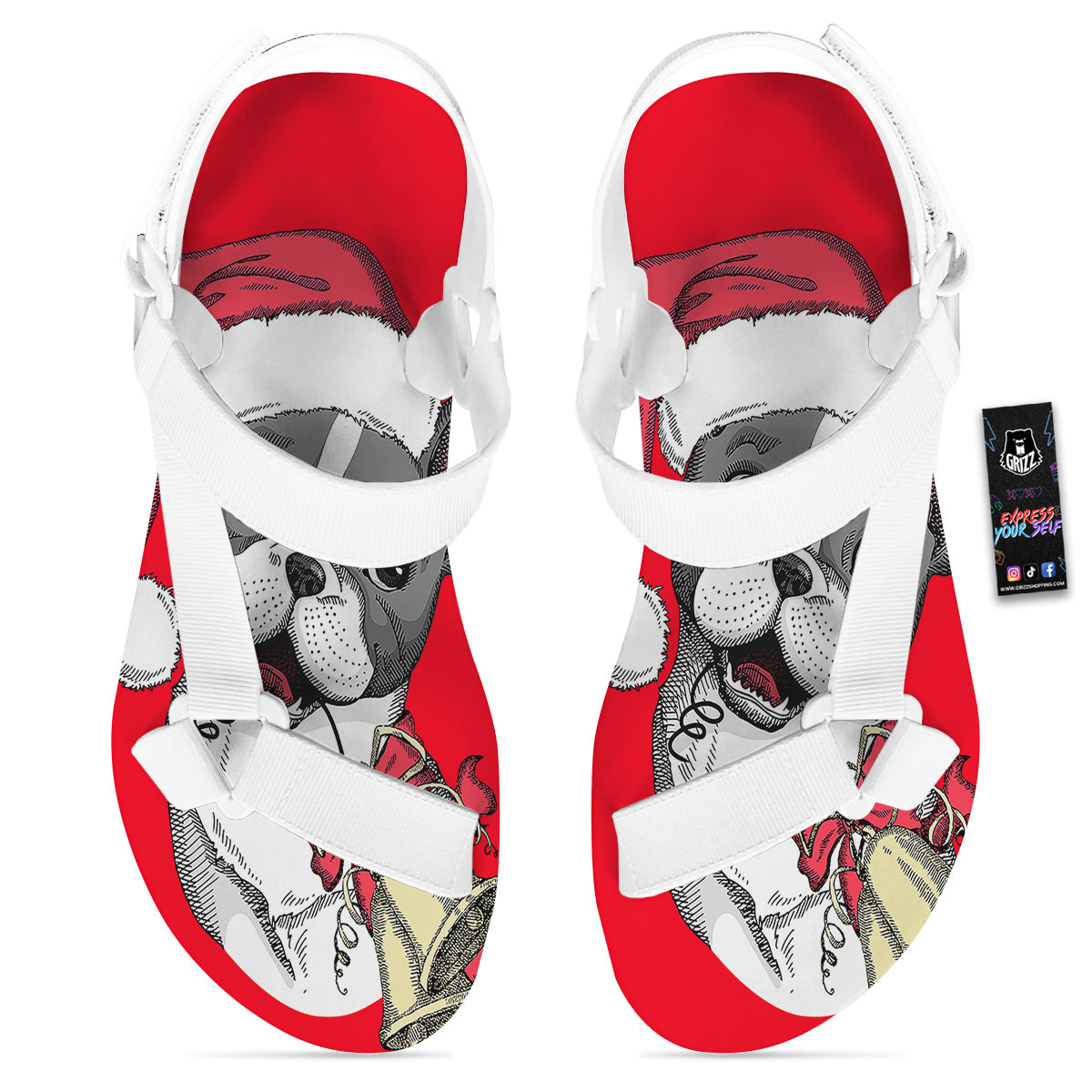 Santa Christmas French Bulldog Print White Open Toe Sandals-grizzshop