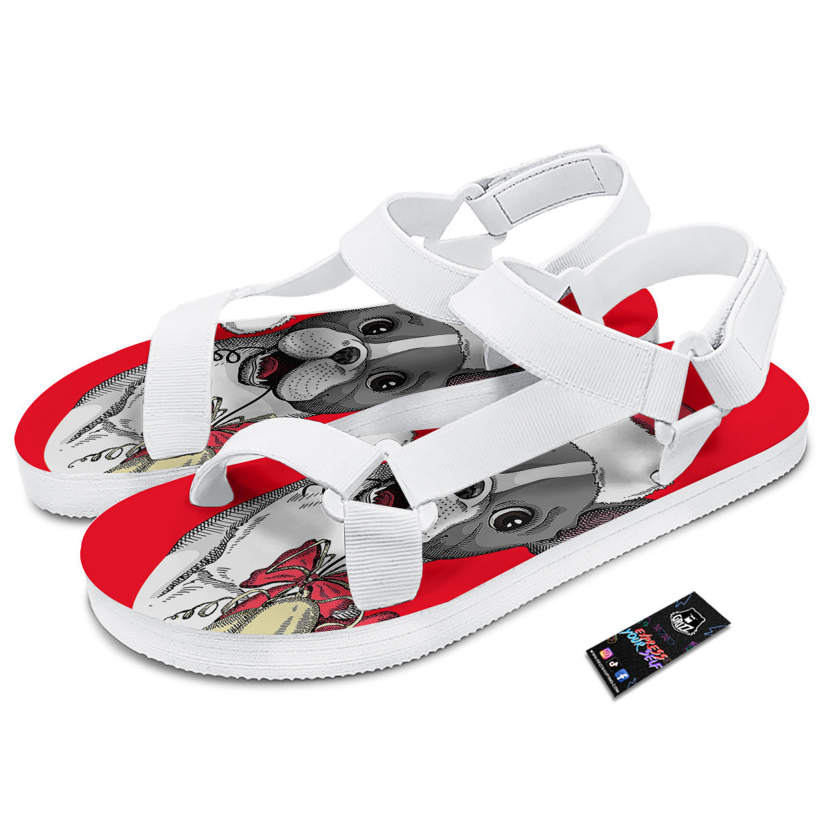 Santa Christmas French Bulldog Print White Open Toe Sandals-grizzshop
