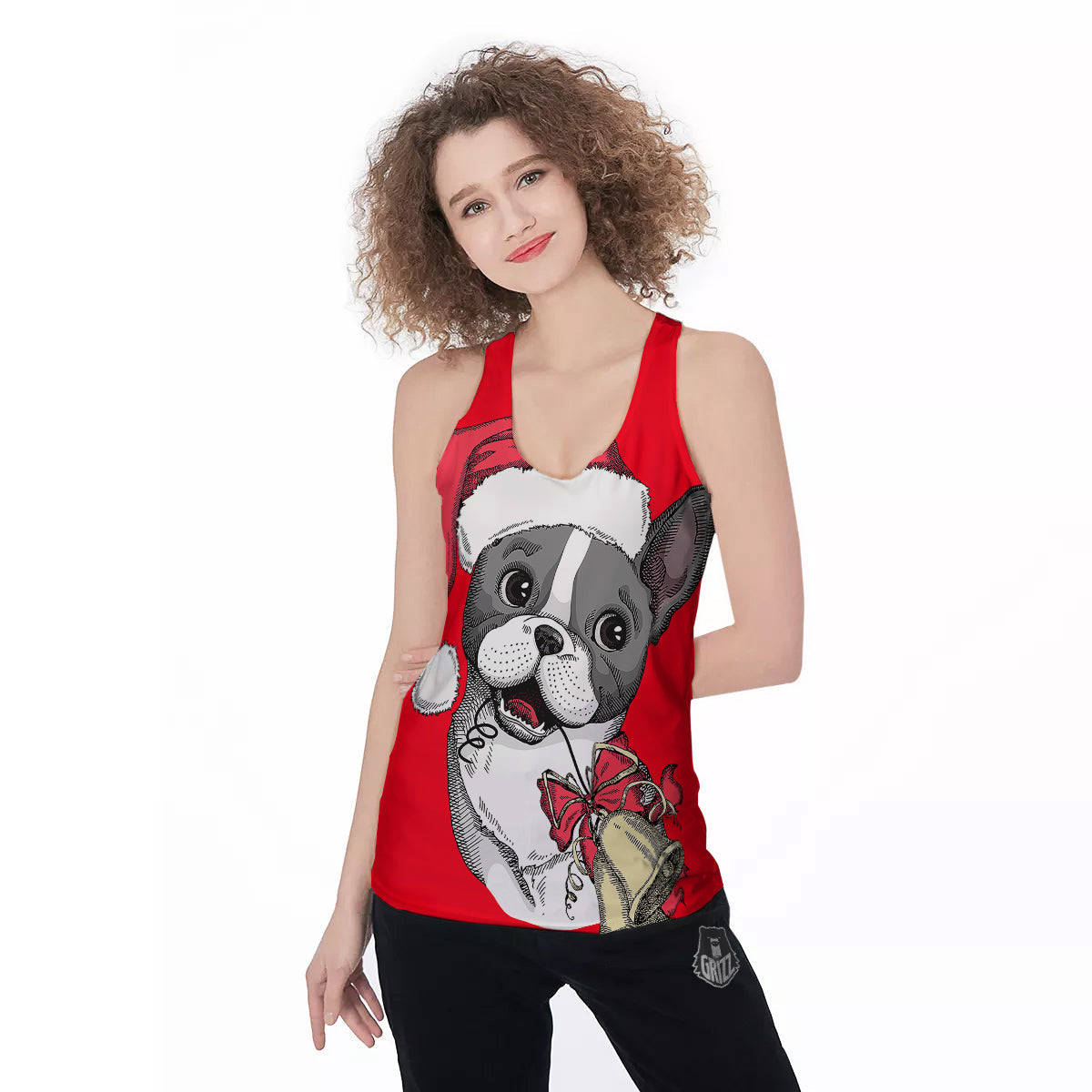 Santa Christmas French Bulldog Print Women's Racerback Tank Top-grizzshop