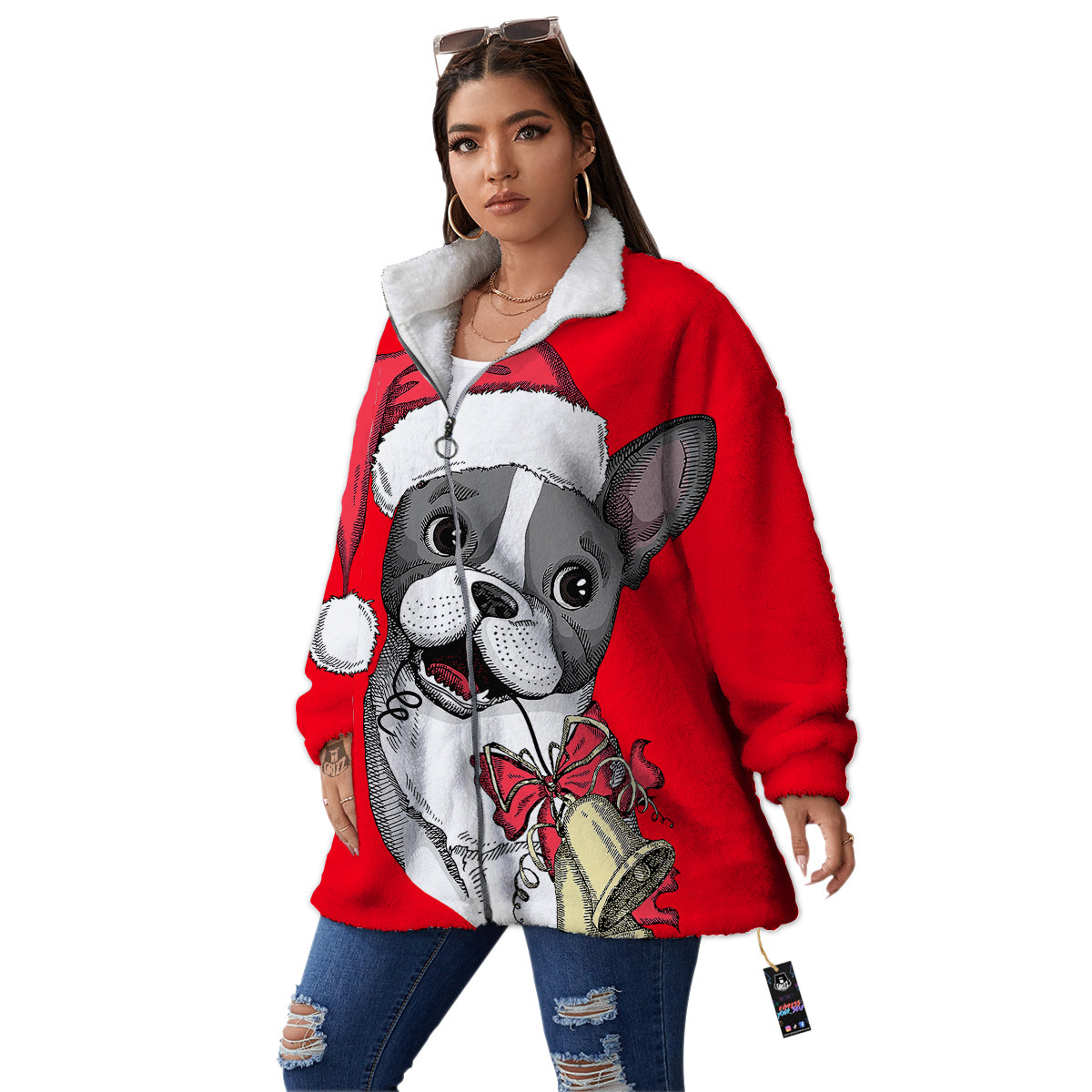 Santa Christmas French Bulldog Print Women's Sherpa Jacket-grizzshop