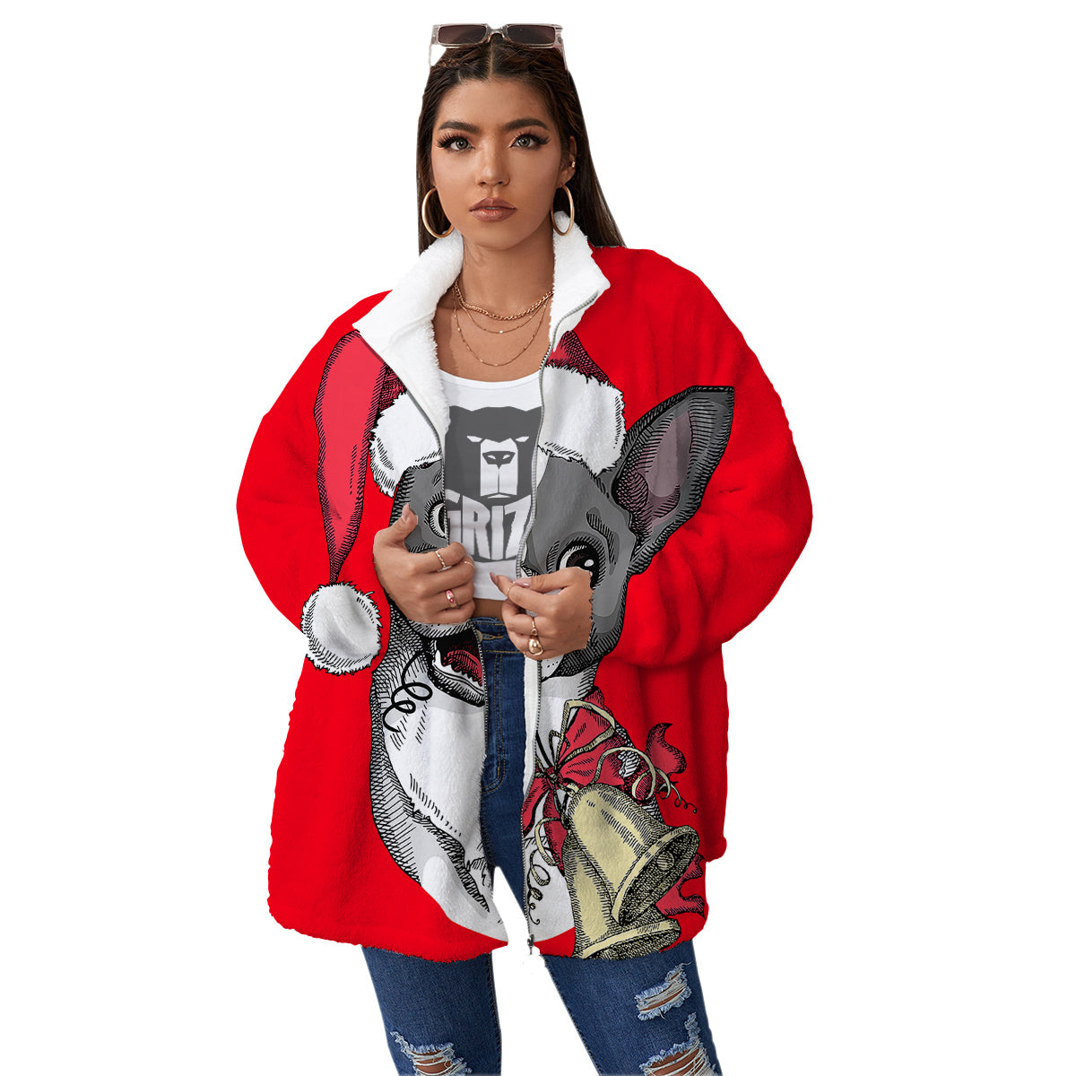 Santa Christmas French Bulldog Print Women's Sherpa Jacket-grizzshop