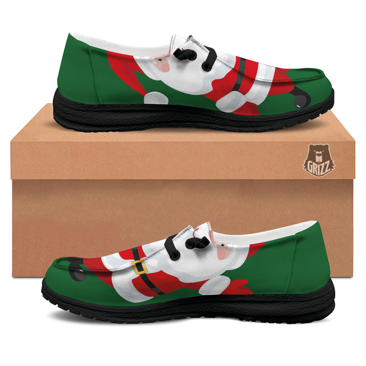 Santa Claus Cartoon Print Black Loafers-grizzshop