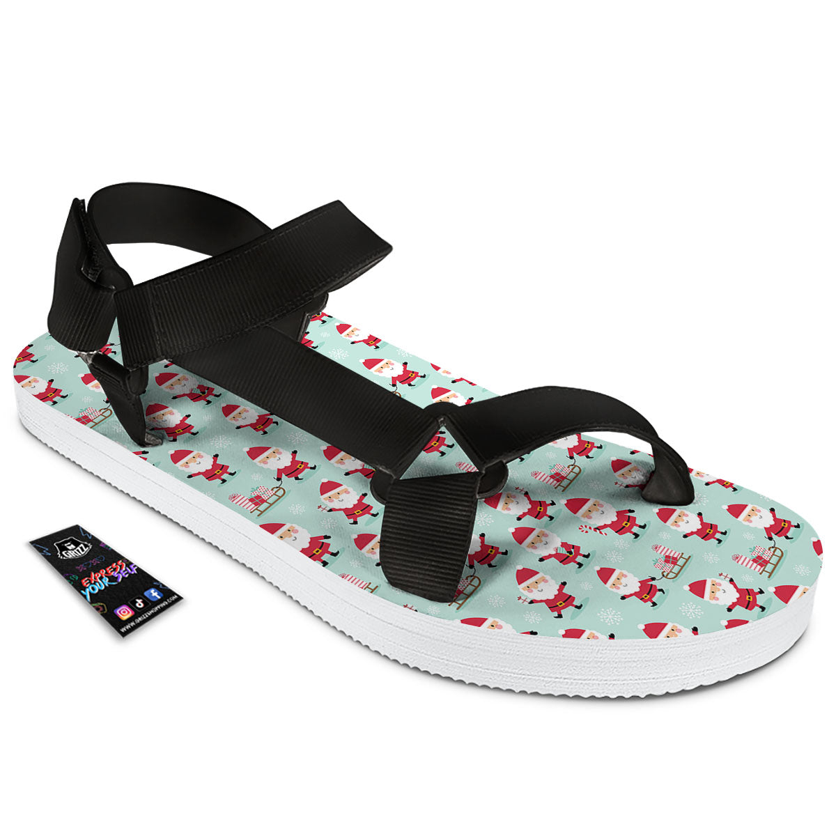 Santa Claus Cartoon Print Pattern Black Open Toe Sandals-grizzshop