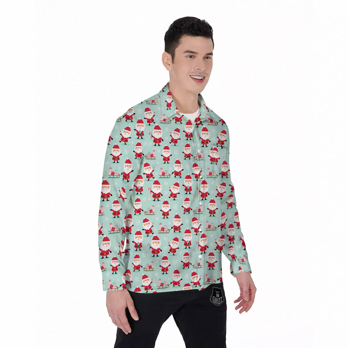 Santa Claus Cartoon Print Pattern Men's Long Sleeve Shirts-grizzshop