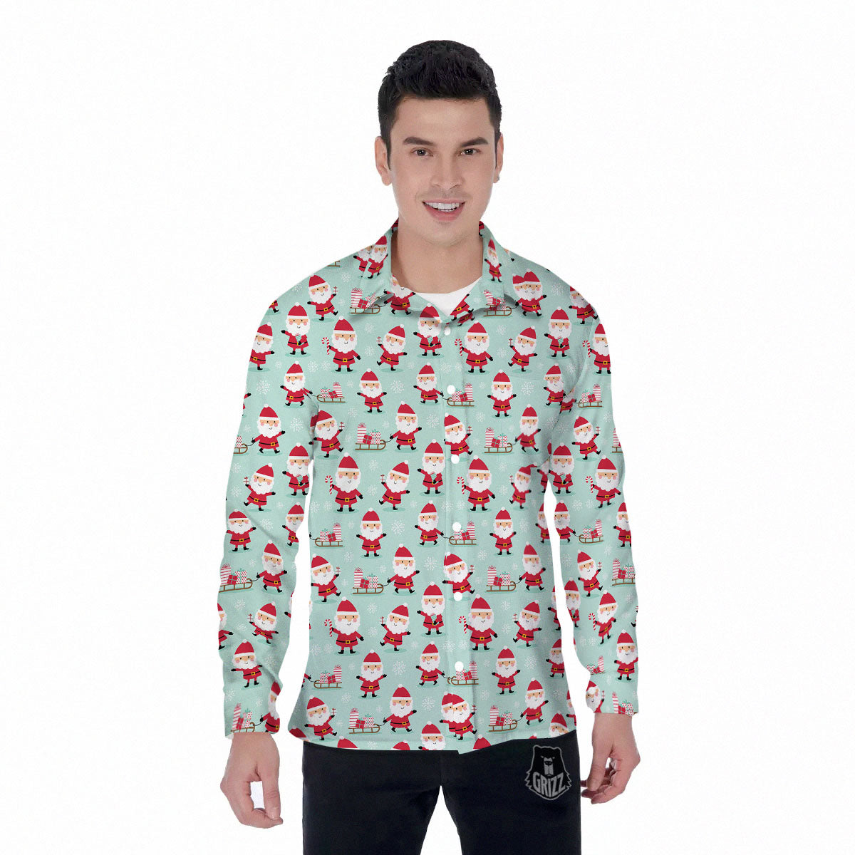Santa Claus Cartoon Print Pattern Men's Long Sleeve Shirts-grizzshop