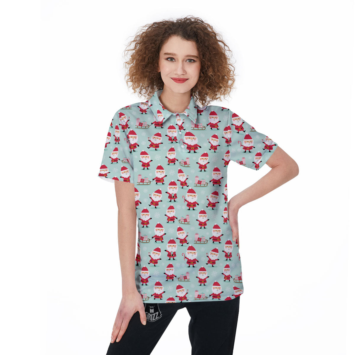 Santa Claus Cartoon Print Pattern Women's Golf Shirts-grizzshop