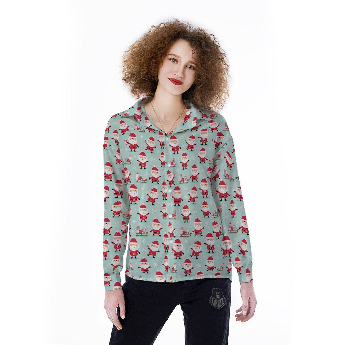 Santa Claus Cartoon Print Pattern Women's Long Sleeve Shirts-grizzshop