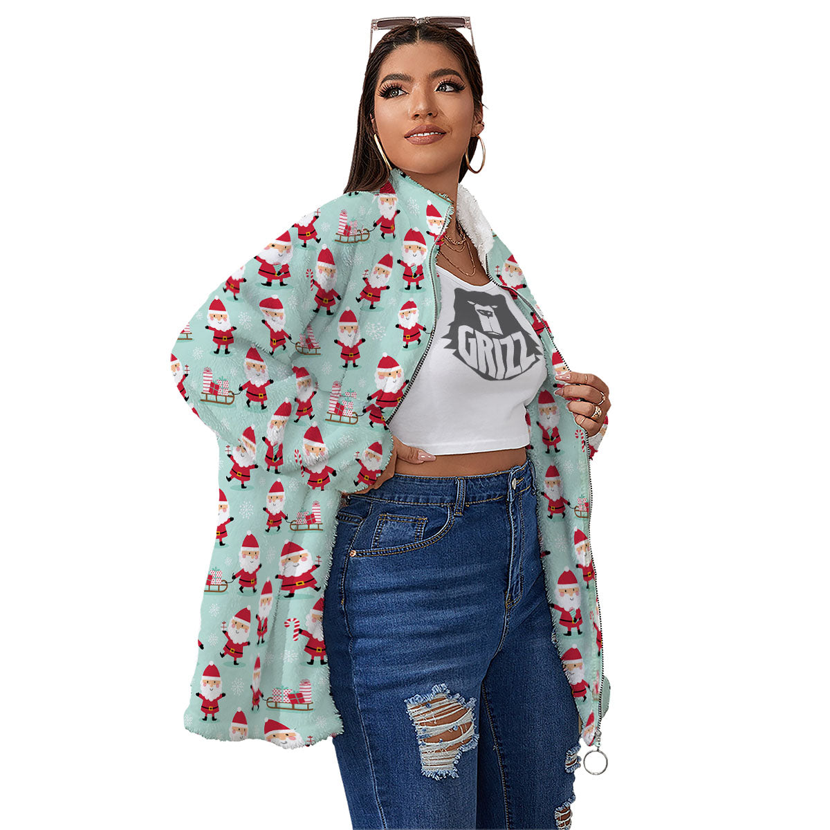 Santa Claus Cartoon Print Pattern Women's Sherpa Jacket-grizzshop