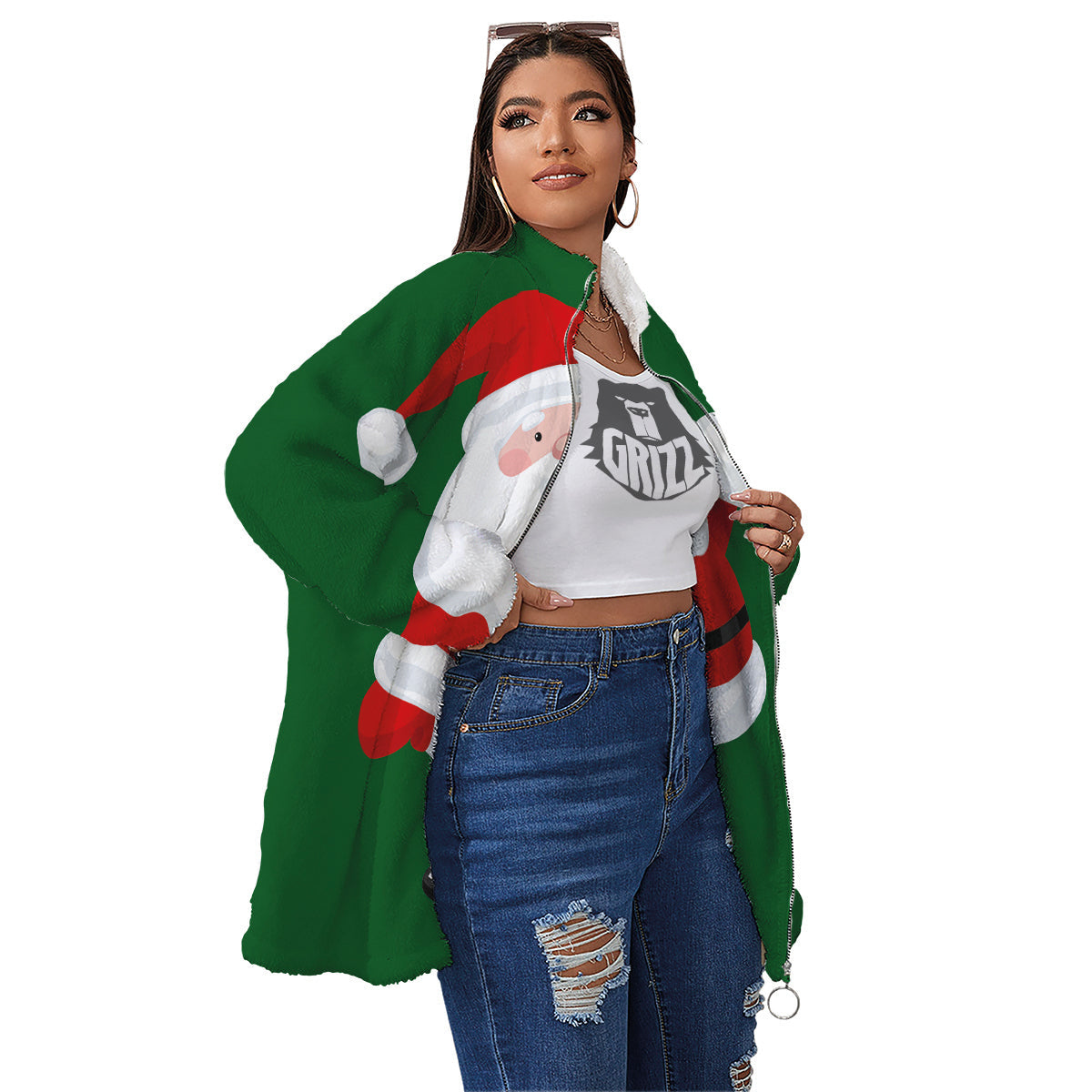 Santa Claus Cartoon Print Women's Sherpa Jacket-grizzshop