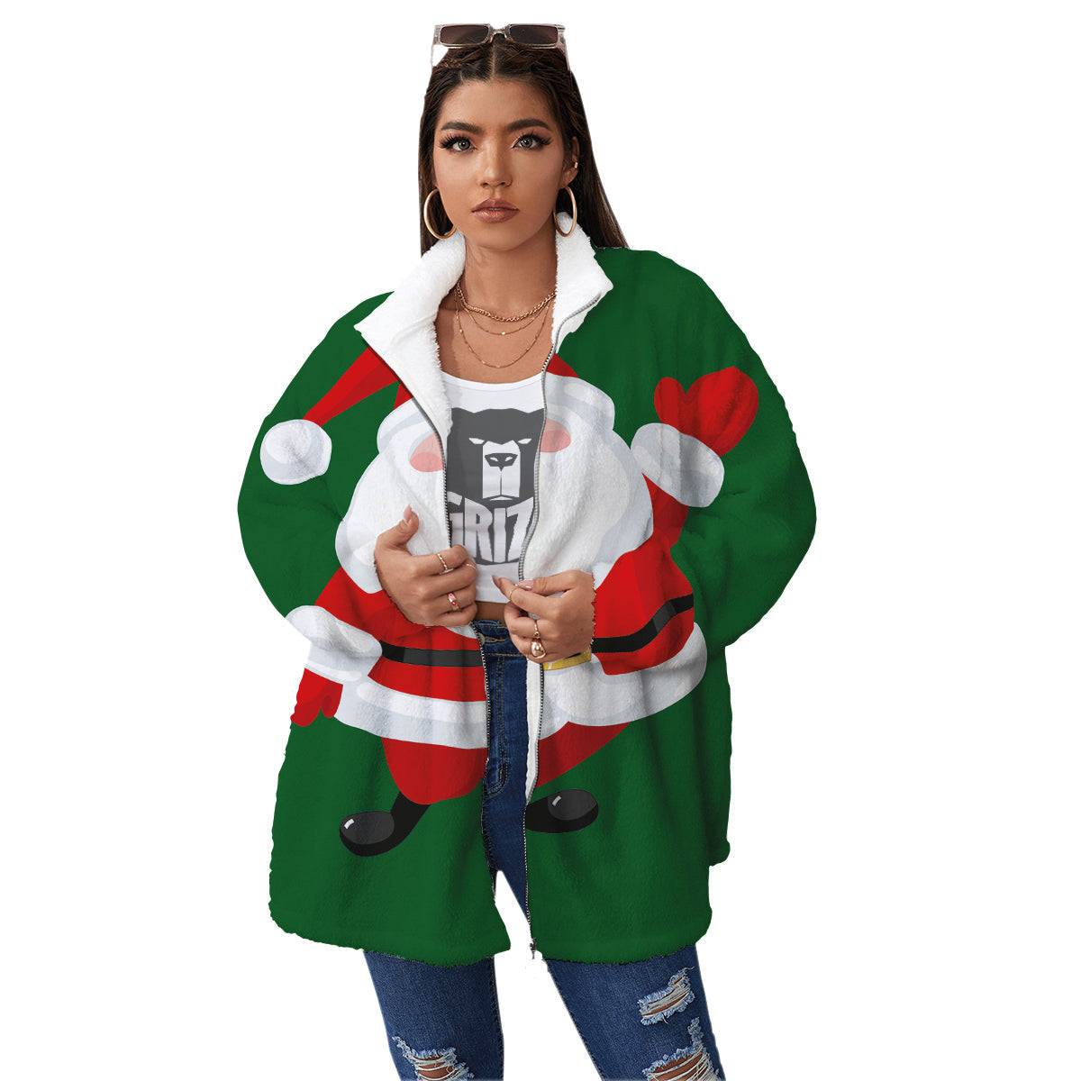 Santa Claus Cartoon Print Women's Sherpa Jacket-grizzshop