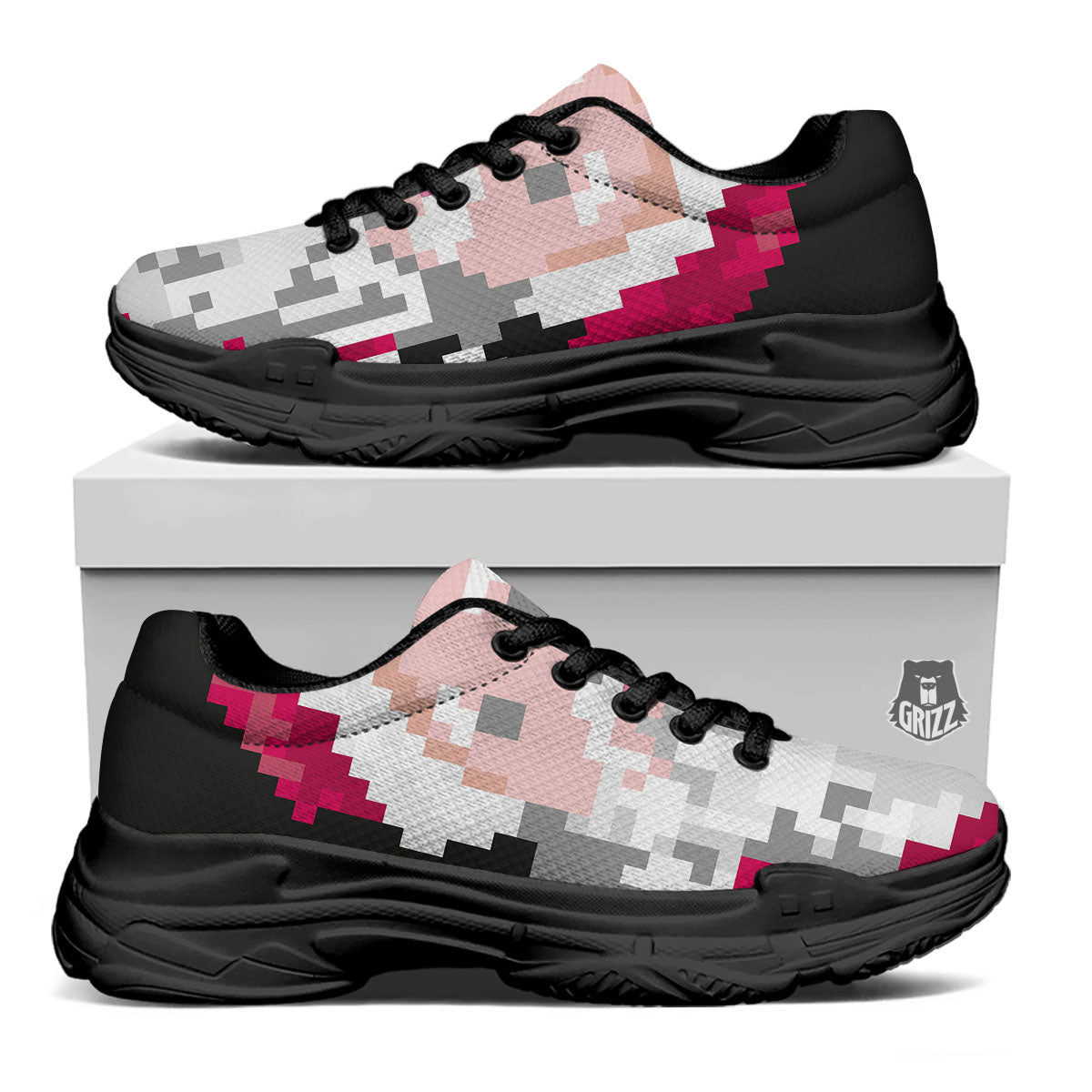 Santa Claus Christmas Pixel Print Black Chunky Shoes-grizzshop