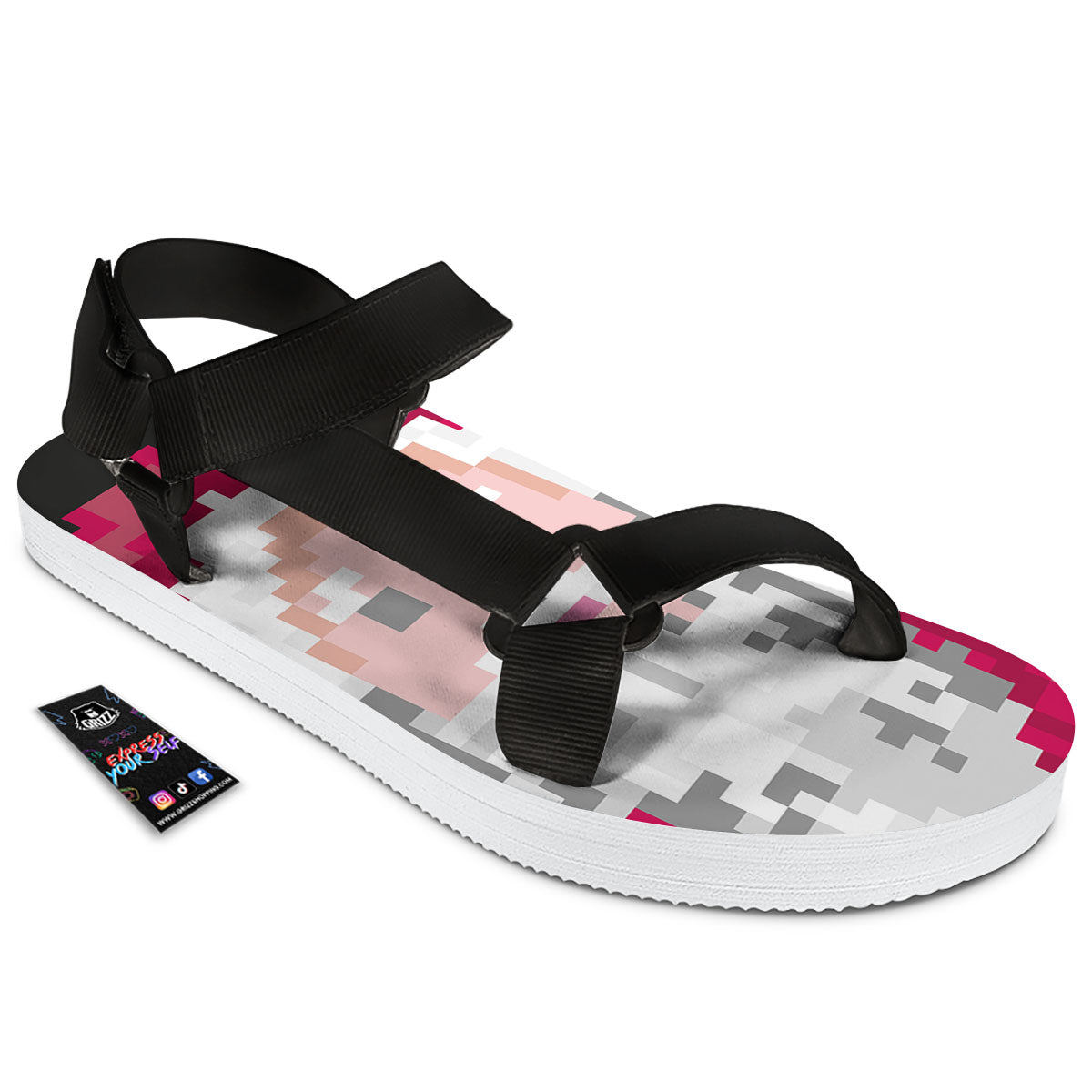 Santa Claus Christmas Pixel Print Black Open Toe Sandals-grizzshop