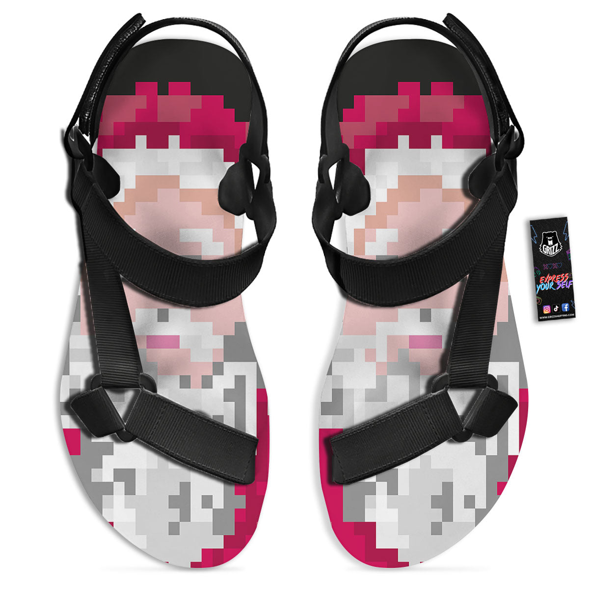 Santa Claus Christmas Pixel Print Black Open Toe Sandals-grizzshop