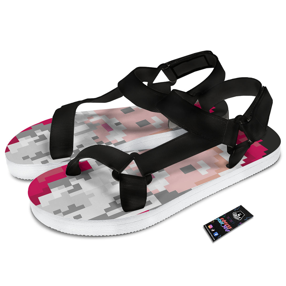 Santa Claus Christmas Pixel Print Black Open Toe Sandals-grizzshop