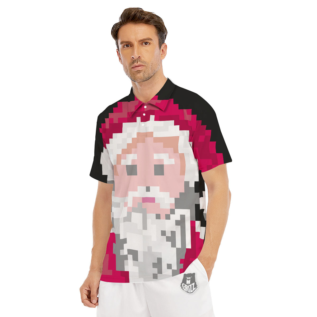 Santa Claus Christmas Pixel Print Men's Golf Shirts-grizzshop