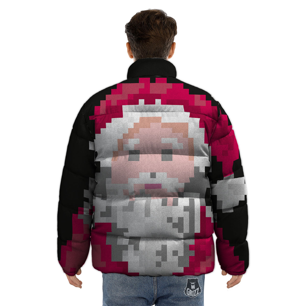 Santa Claus Christmas Pixel Print Puffer Jacket-grizzshop