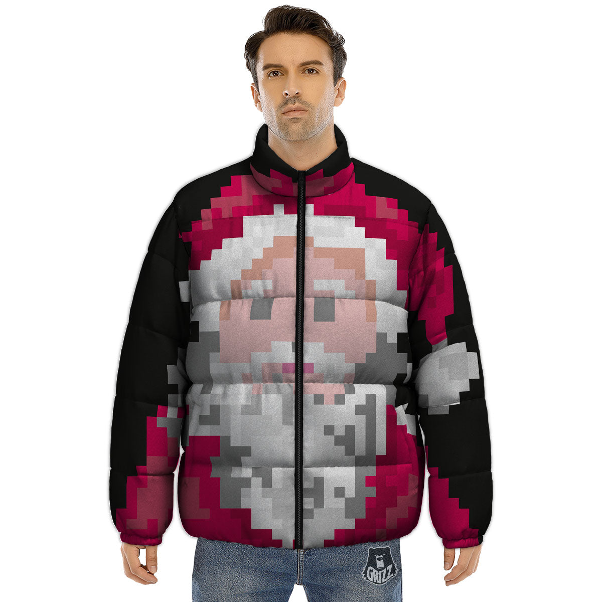 Santa Claus Christmas Pixel Print Puffer Jacket-grizzshop
