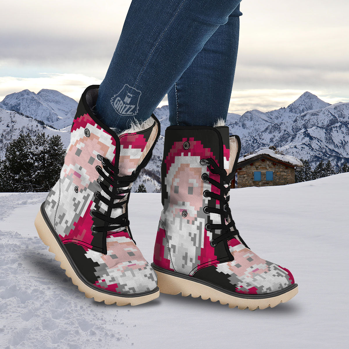 Santa Claus Christmas Pixel Print Snow Boots-grizzshop