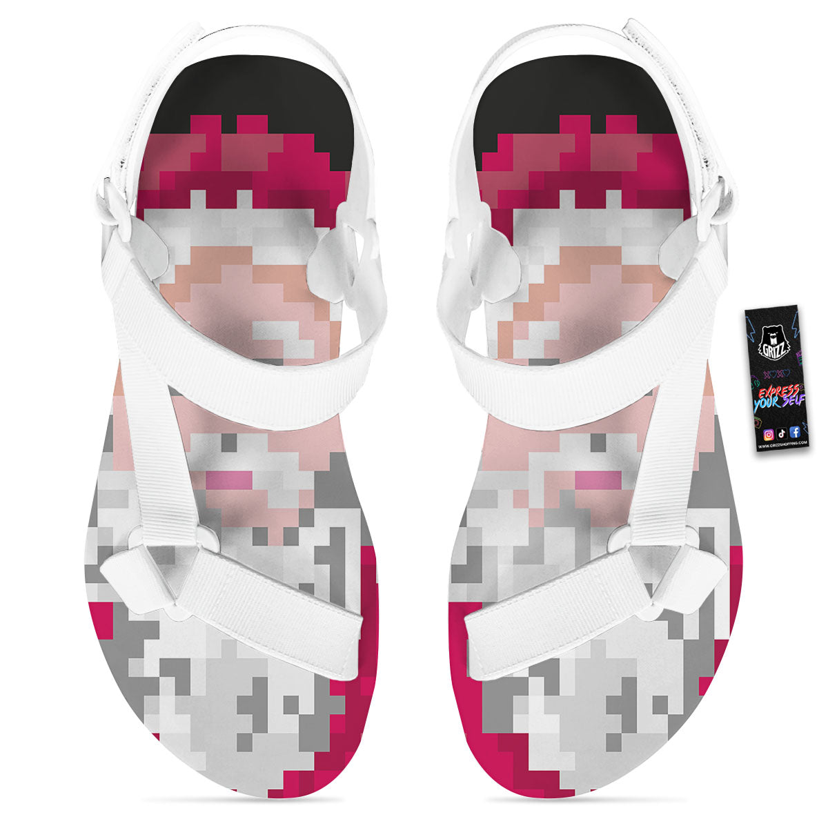 Santa Claus Christmas Pixel Print White Open Toe Sandals-grizzshop