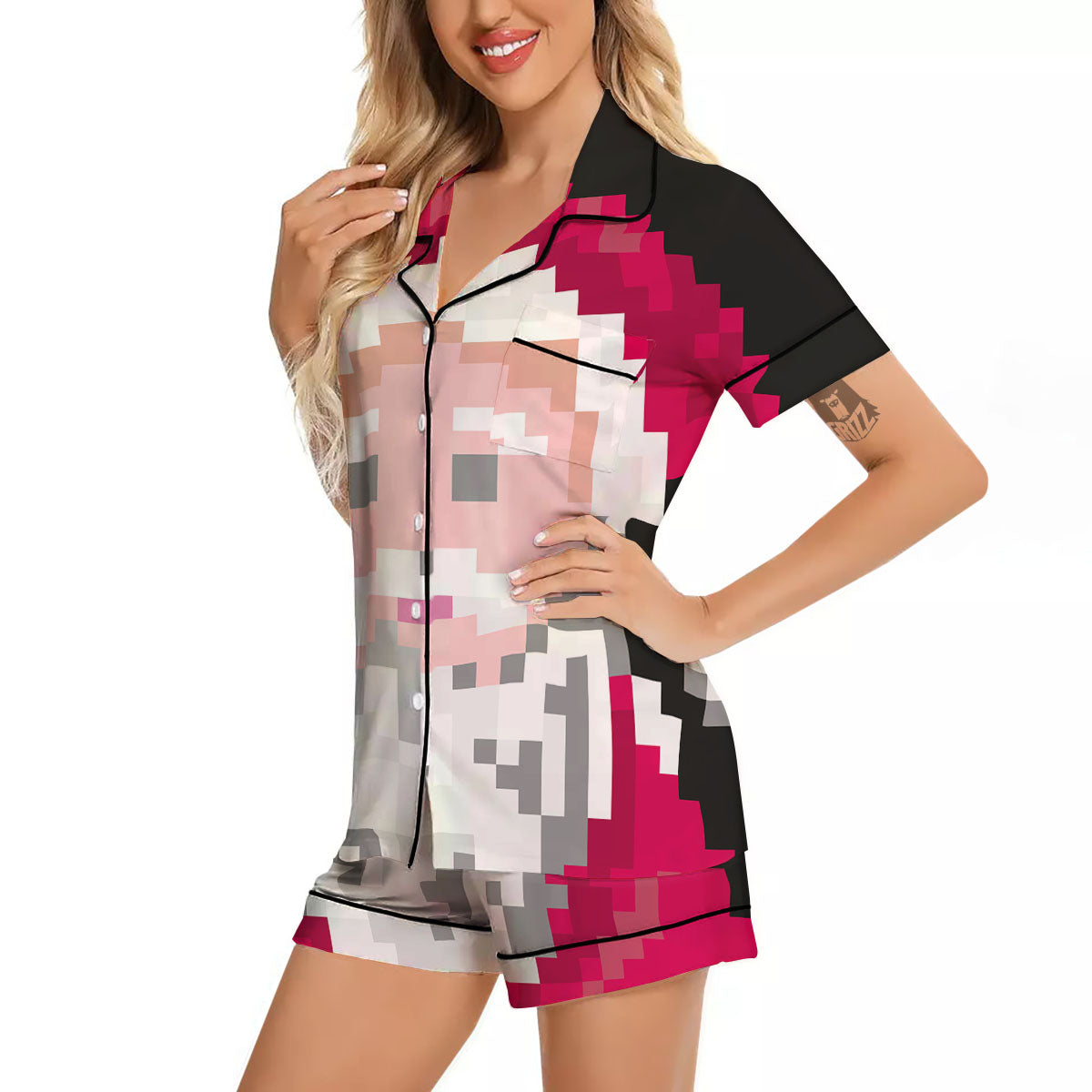 Santa Claus Christmas Pixel Print Women Silk Pajamas-grizzshop