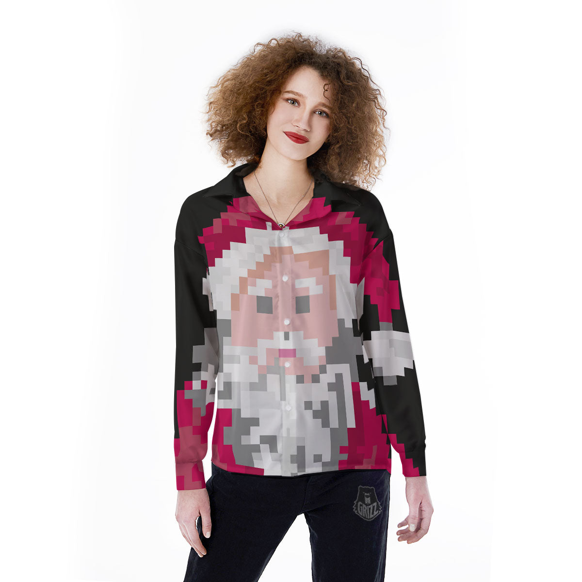 Santa Claus Christmas Pixel Print Women's Long Sleeve Shirts-grizzshop