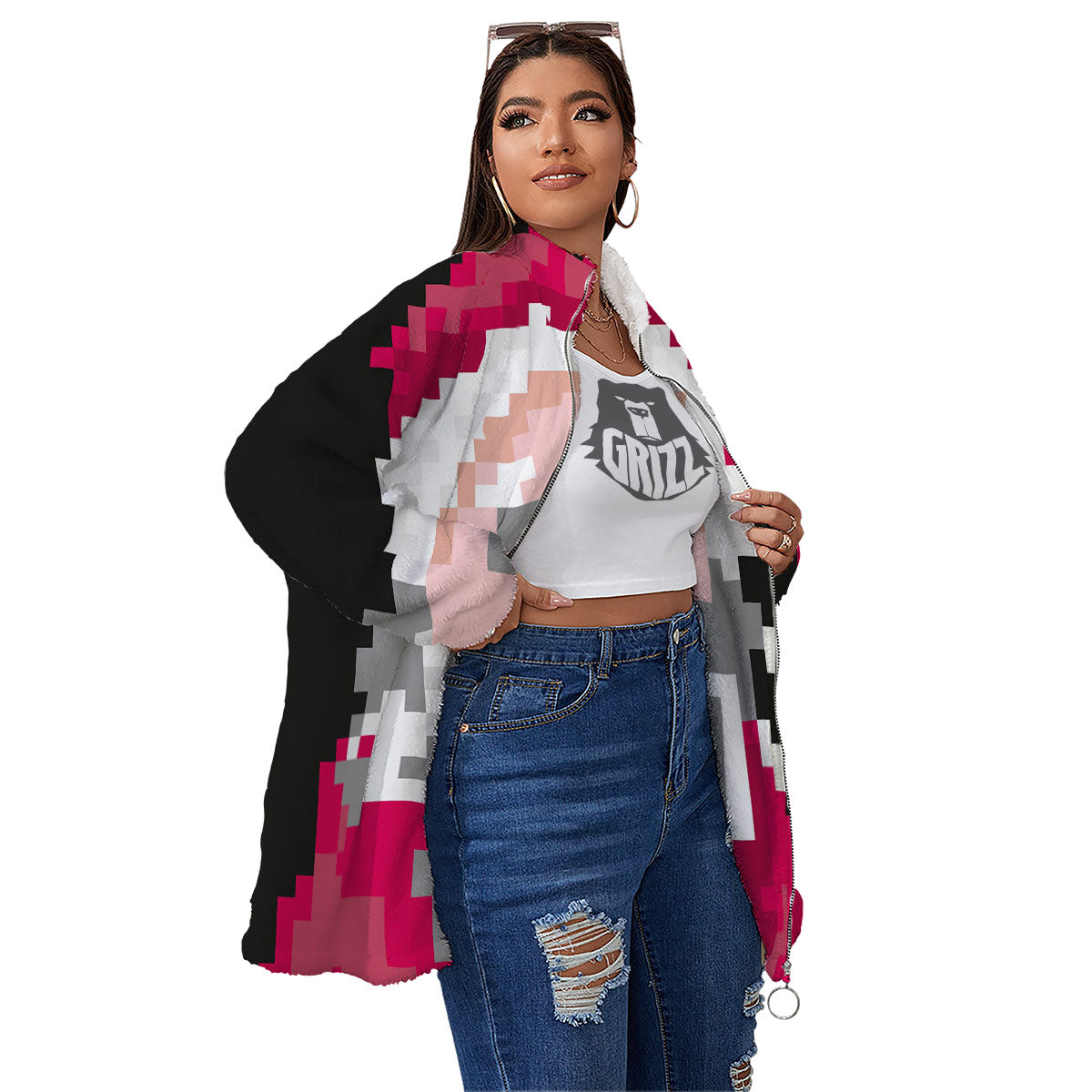 Santa Claus Christmas Pixel Print Women's Sherpa Jacket-grizzshop