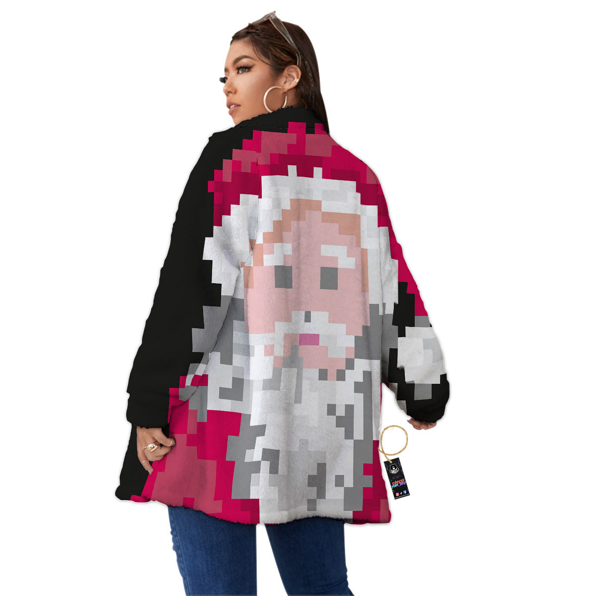 Santa Claus Christmas Pixel Print Women's Sherpa Jacket-grizzshop