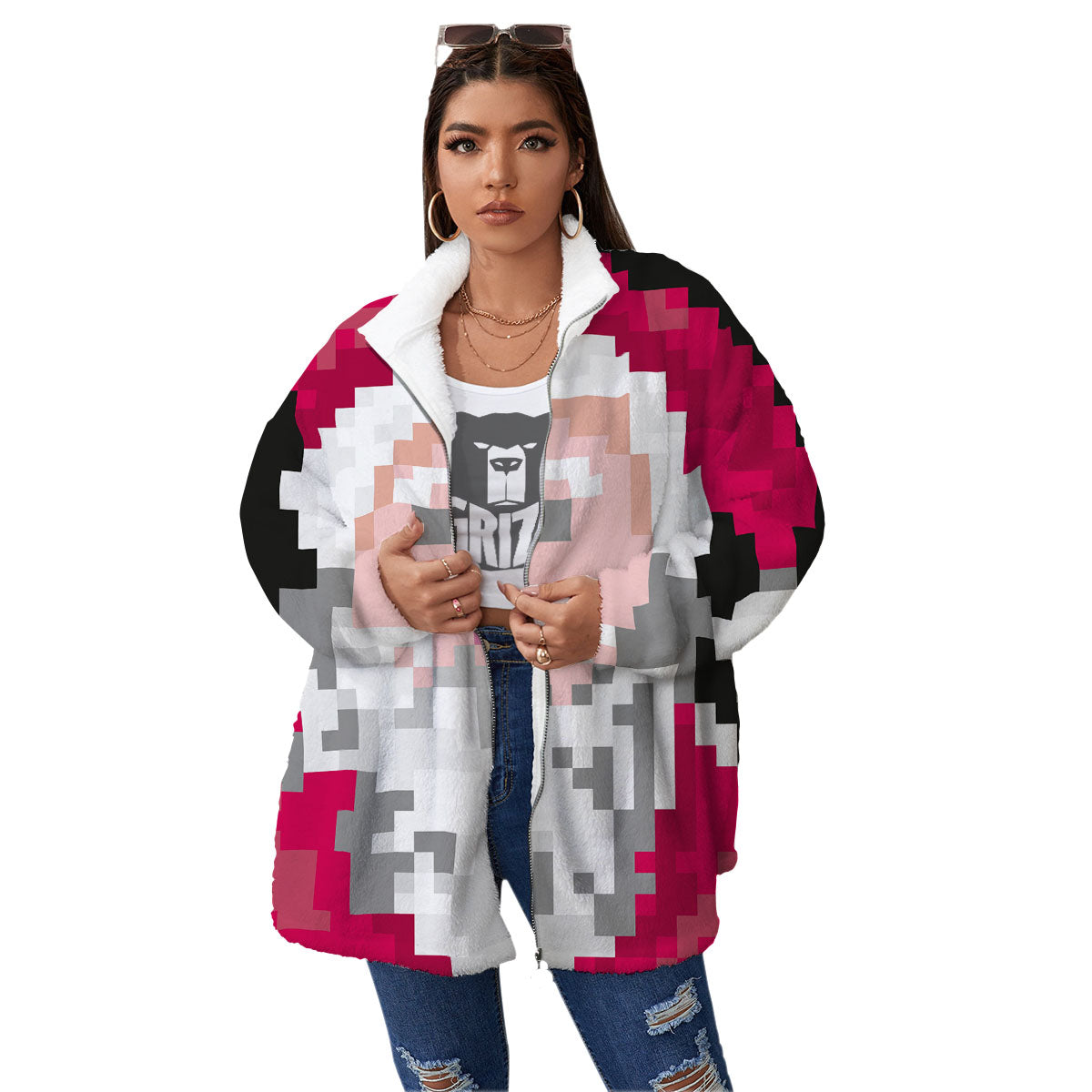Santa Claus Christmas Pixel Print Women's Sherpa Jacket-grizzshop