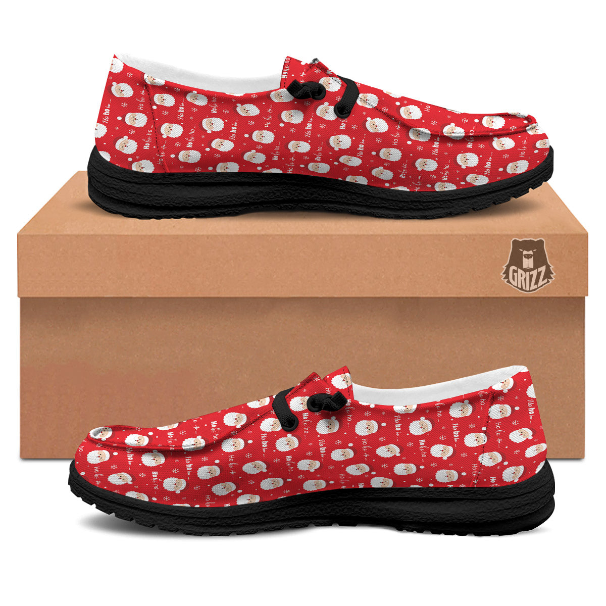 Santa Claus Christmas Print Pattern Black Loafers-grizzshop