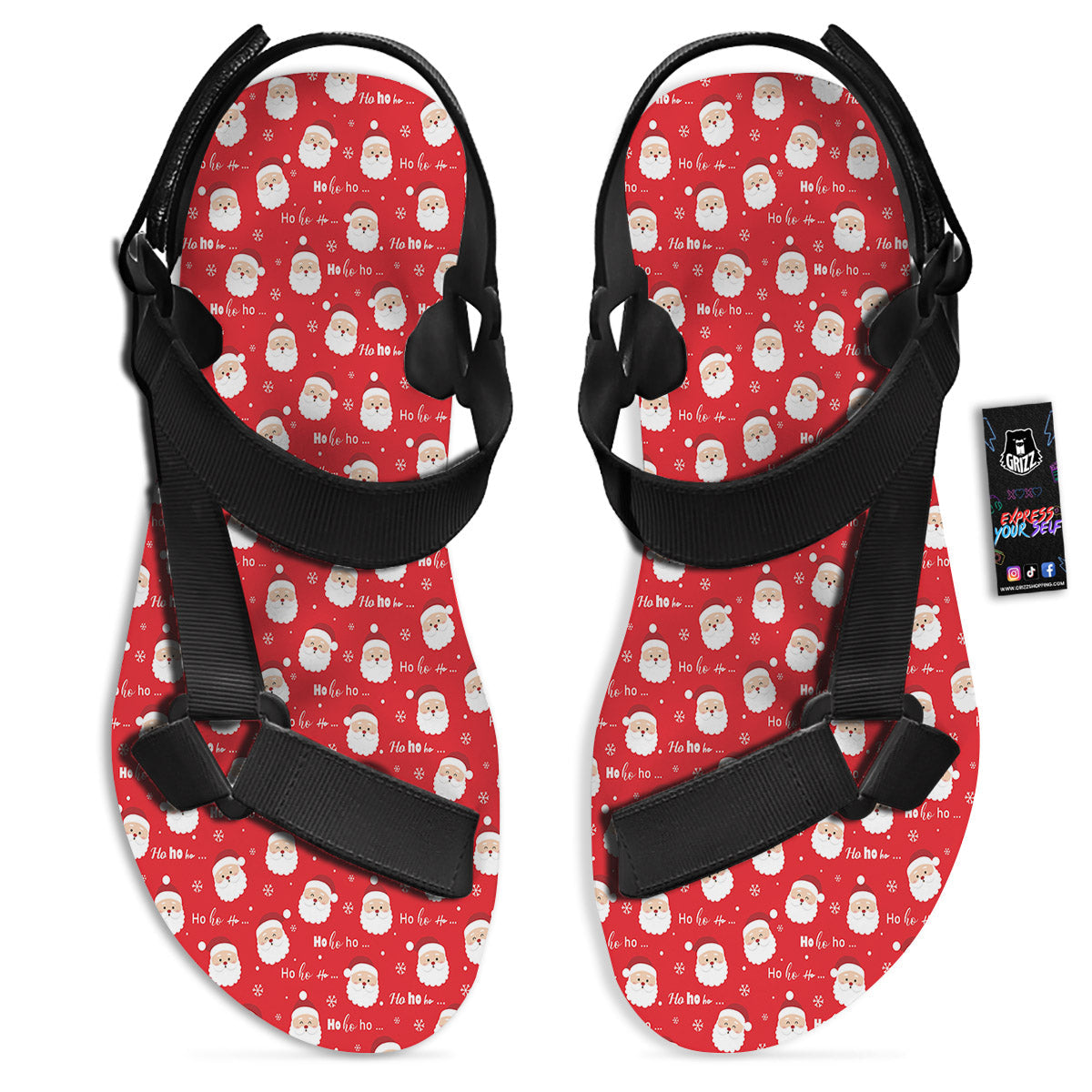 Santa Claus Christmas Print Pattern Black Open Toe Sandals-grizzshop