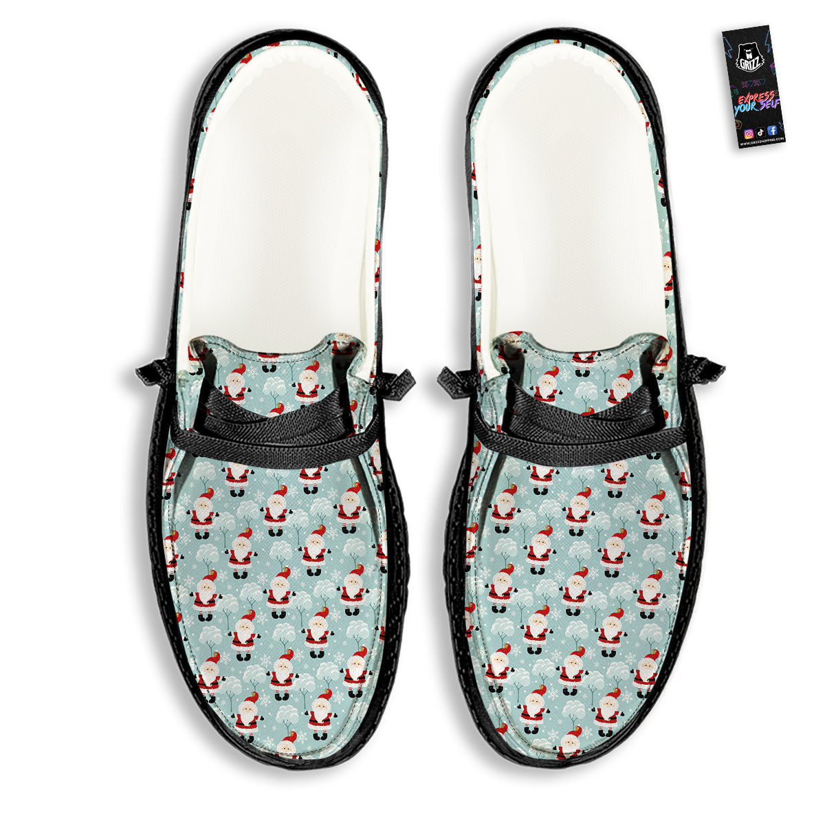 Santa Claus Cute Print Pattern Black Loafers-grizzshop