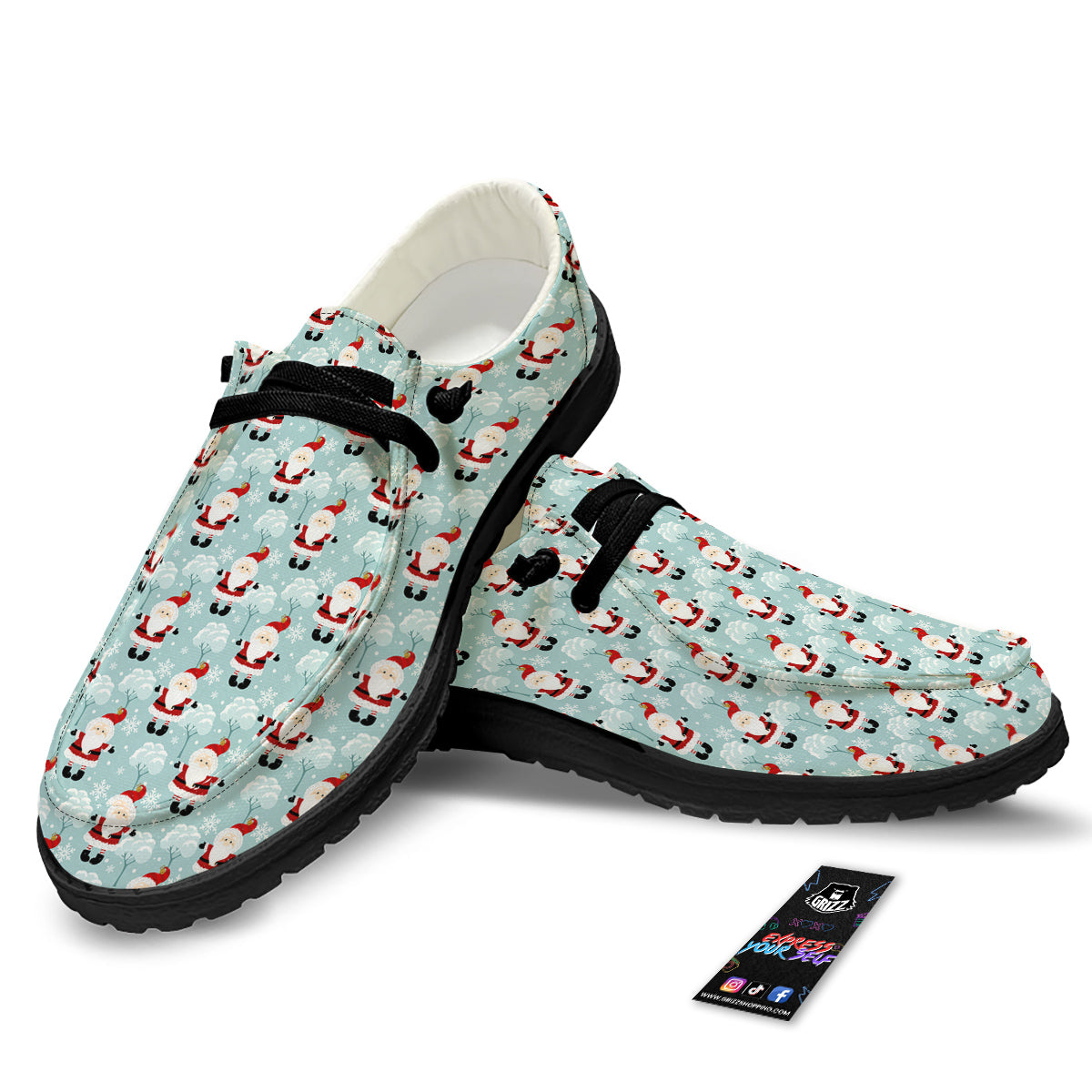 Santa Claus Cute Print Pattern Black Loafers-grizzshop