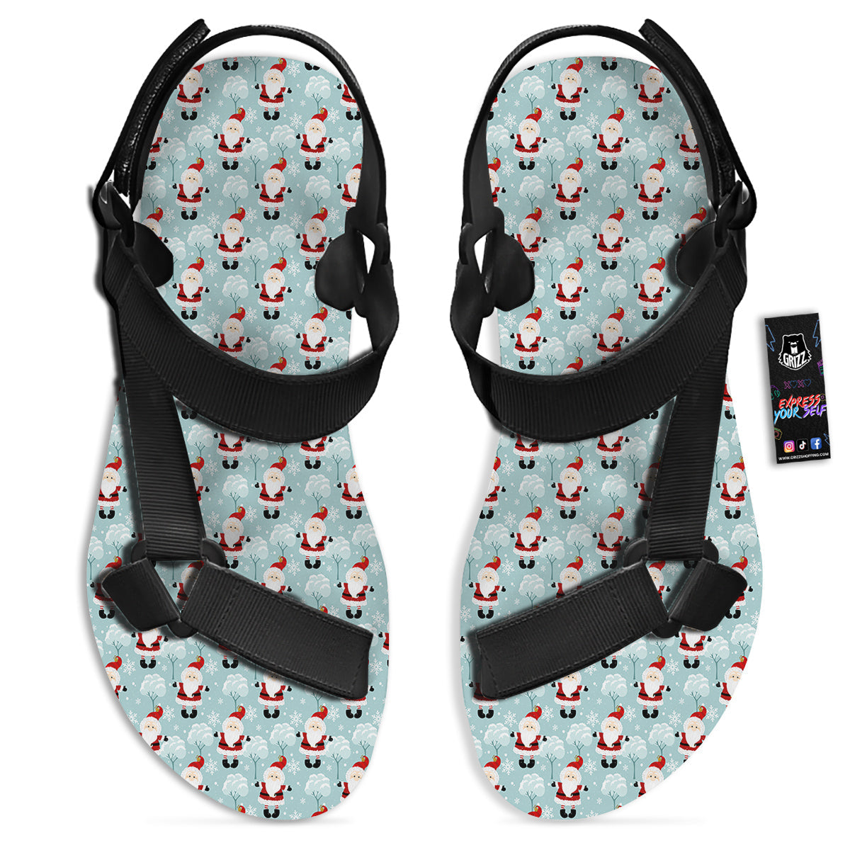 Santa Claus Cute Print Pattern Black Open Toe Sandals-grizzshop