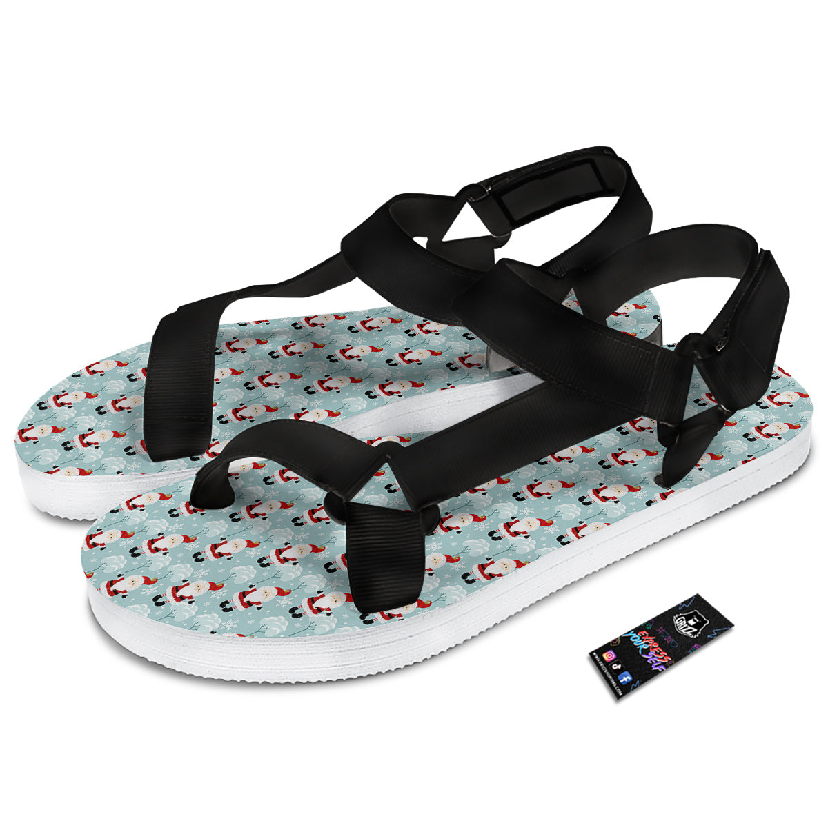 Santa Claus Cute Print Pattern Black Open Toe Sandals-grizzshop