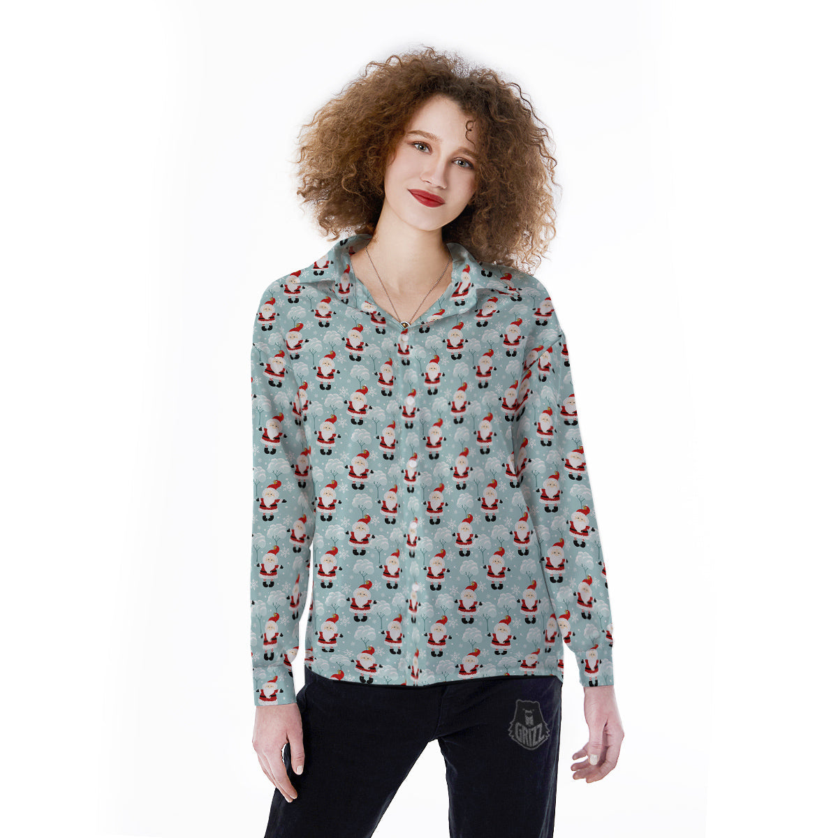 Santa Claus Cute Print Pattern Women's Long Sleeve Shirts-grizzshop