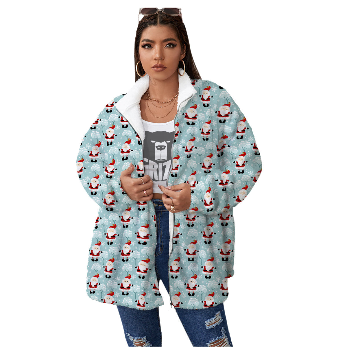 Santa Claus Cute Print Pattern Women's Sherpa Jacket-grizzshop