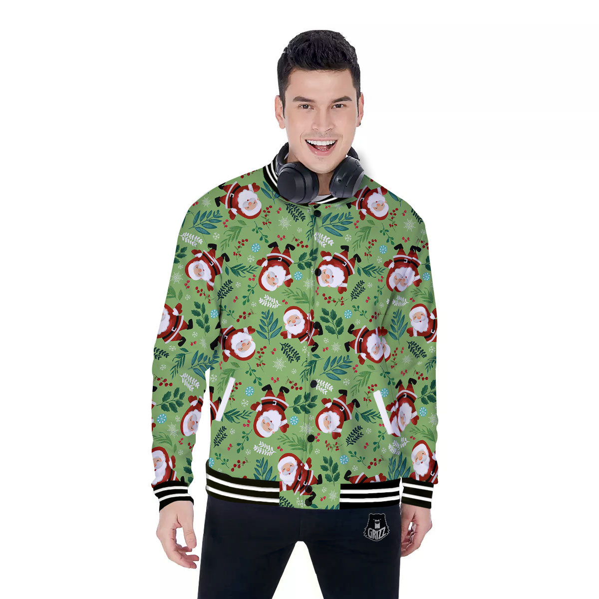 Santa Claus Happy Print Pattern Baseball Jacket-grizzshop