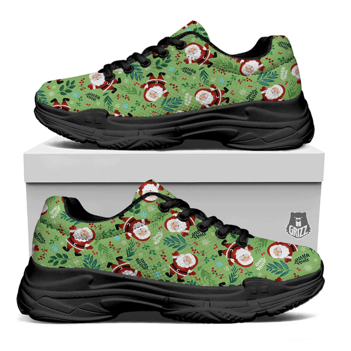Santa Claus Happy Print Pattern Black Chunky Shoes-grizzshop