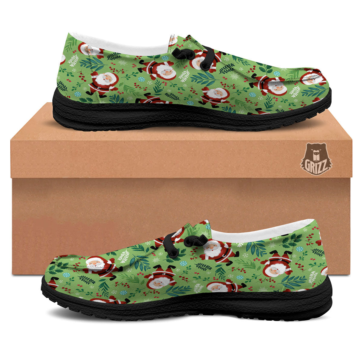 Santa Claus Happy Print Pattern Black Loafers-grizzshop