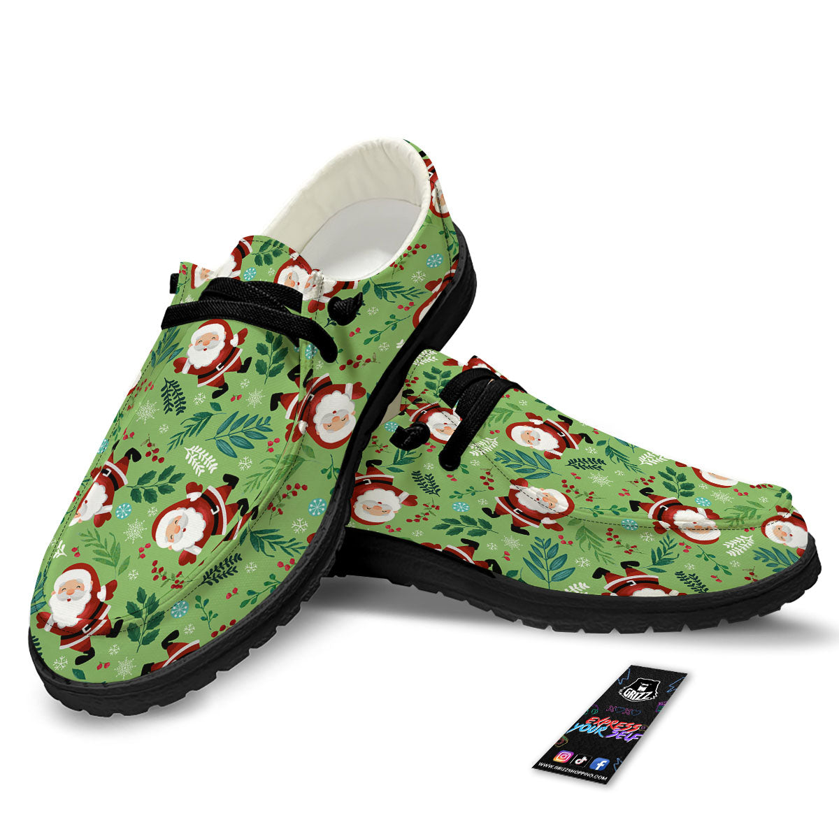 Santa Claus Happy Print Pattern Black Loafers-grizzshop