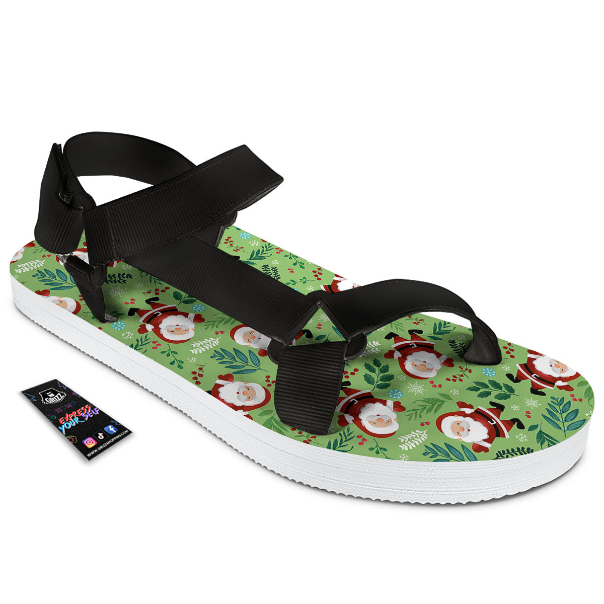 Santa Claus Happy Print Pattern Black Open Toe Sandals-grizzshop