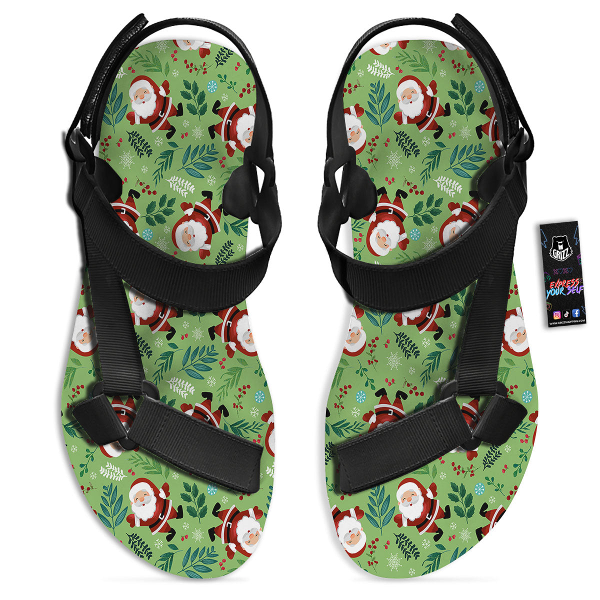 Santa Claus Happy Print Pattern Black Open Toe Sandals-grizzshop