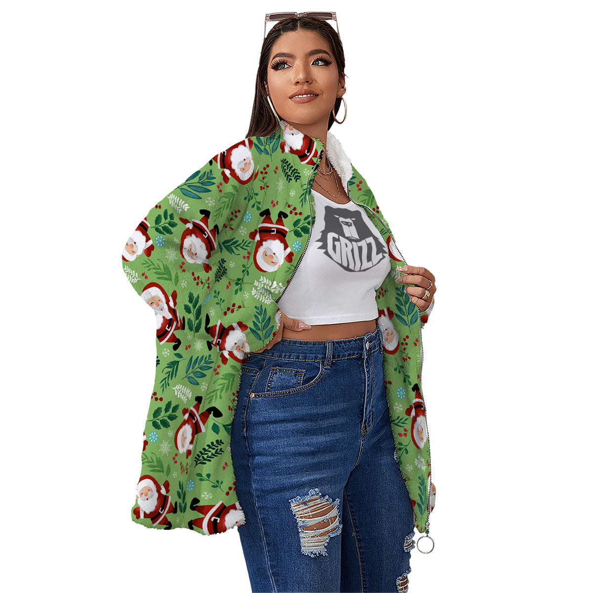 Santa Claus Happy Print Pattern Women's Sherpa Jacket-grizzshop