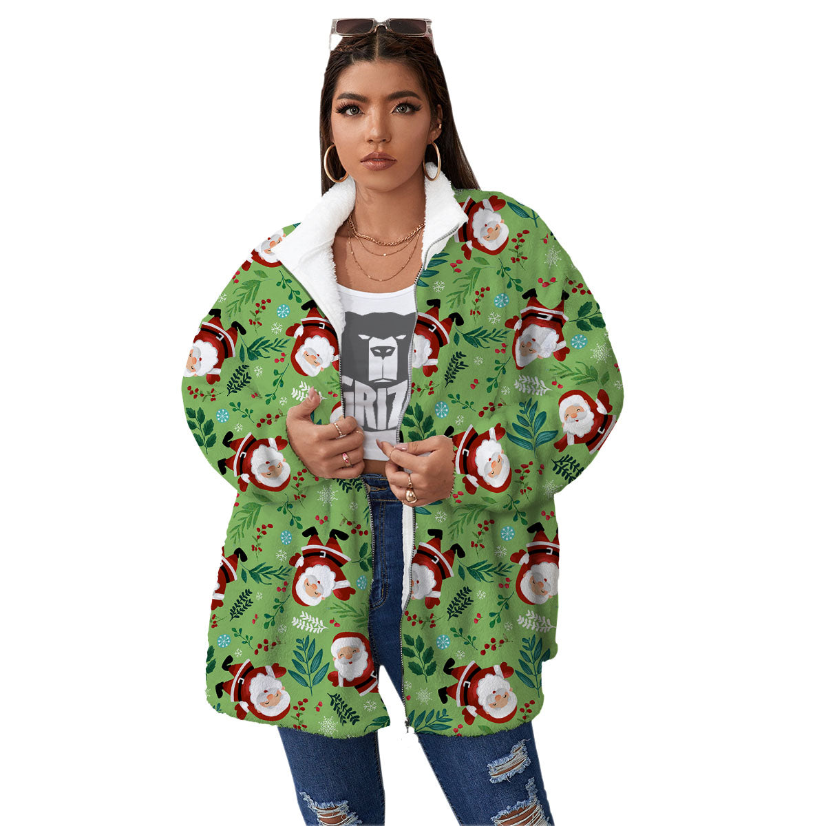 Santa Claus Happy Print Pattern Women's Sherpa Jacket-grizzshop