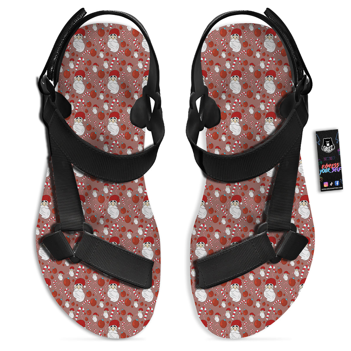 Santa Claus Hat And Candy Print Pattern Black Open Toe Sandals-grizzshop