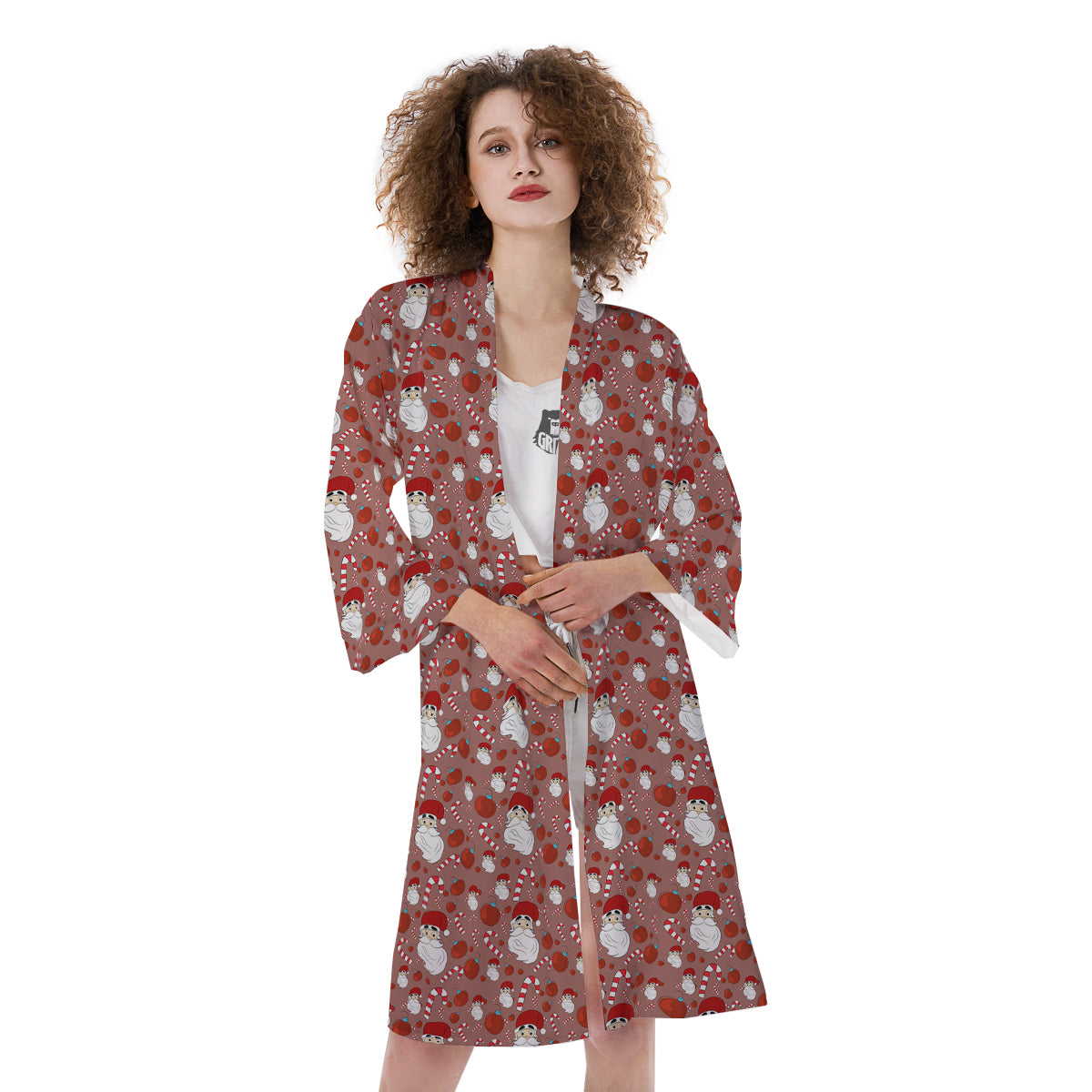Santa Claus Hat And Candy Print Pattern Kimono-grizzshop