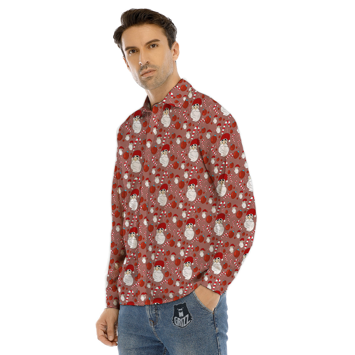 Santa Claus Hat And Candy Print Pattern Men's Dress Shirts-grizzshop