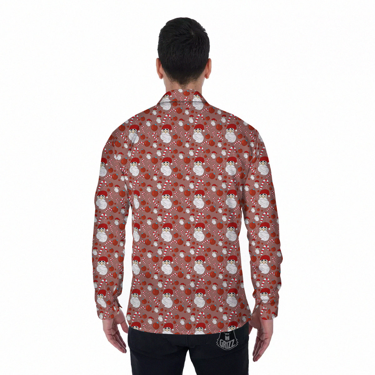 Santa Claus Hat And Candy Print Pattern Men's Long Sleeve Shirts-grizzshop