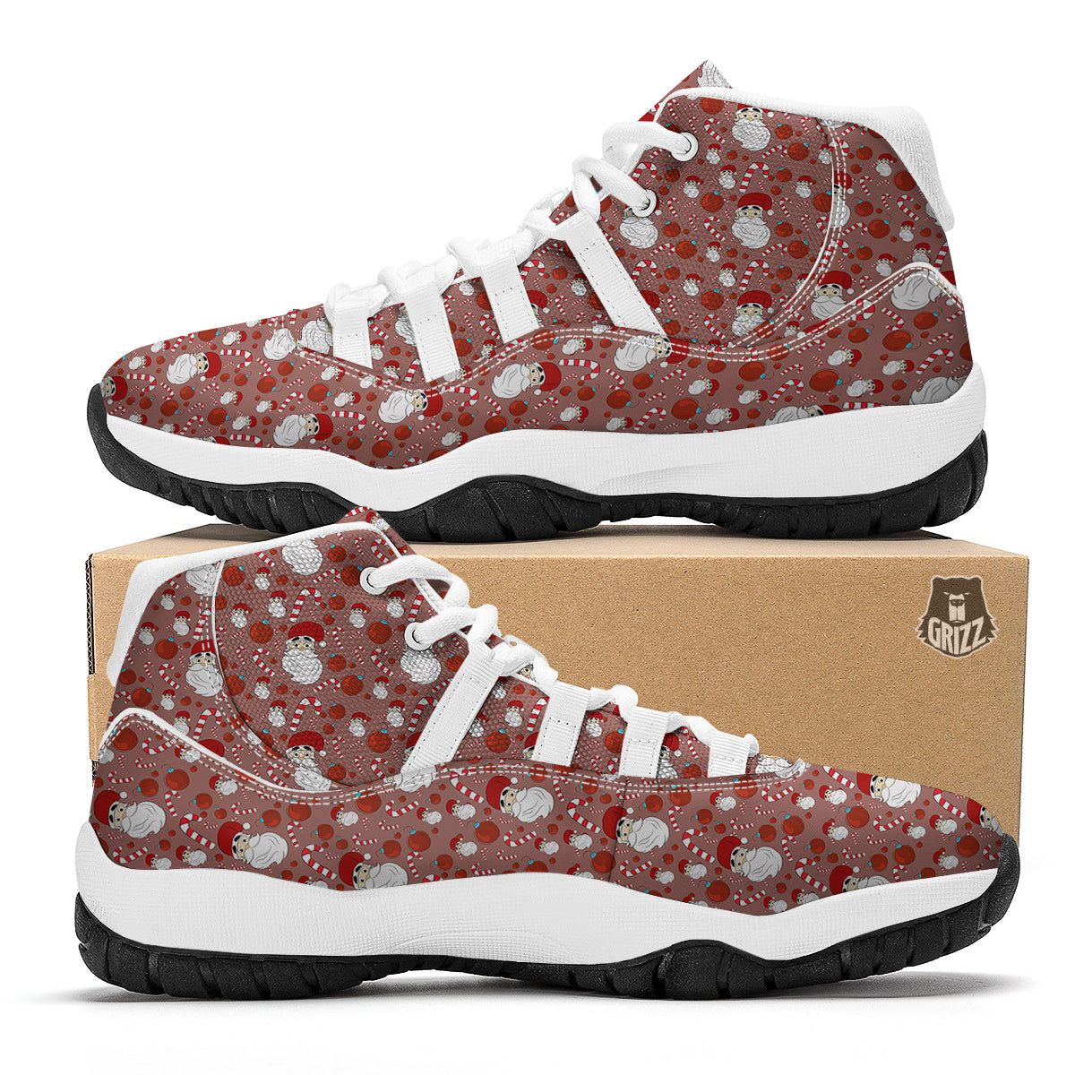 Santa Claus Hat And Candy Print Pattern White Bball Shoes-grizzshop