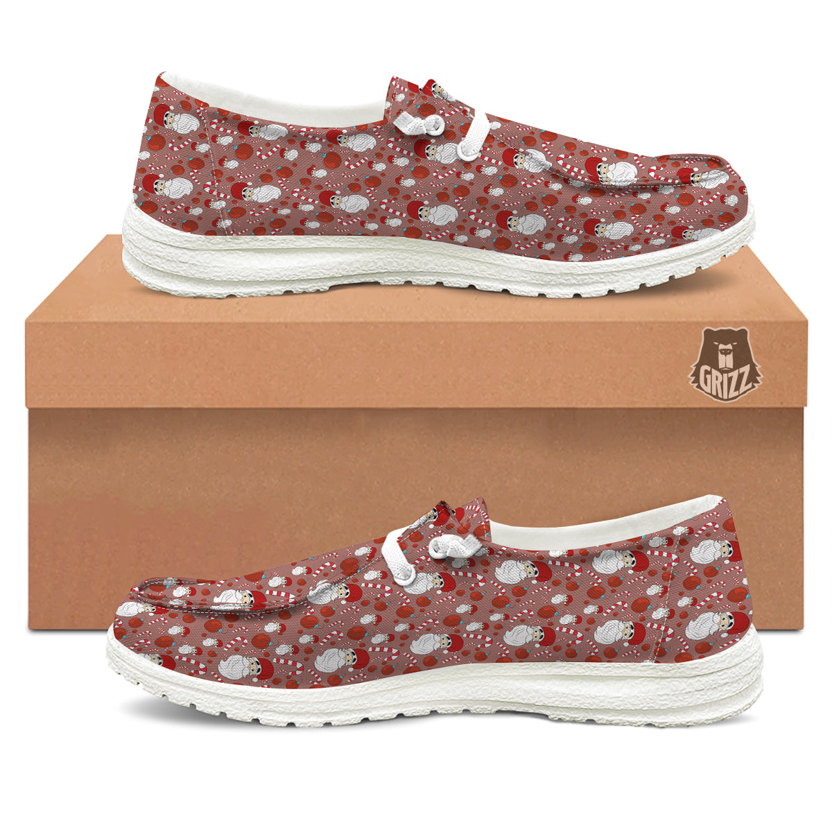 Santa Claus Hat And Candy Print Pattern White Loafers-grizzshop
